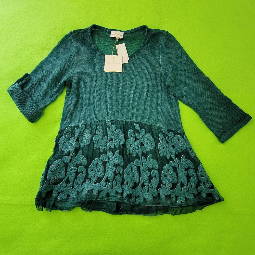 Belle France  SIZE M Green Sweater  CAMI, SEQUINS - Made  In ITALY